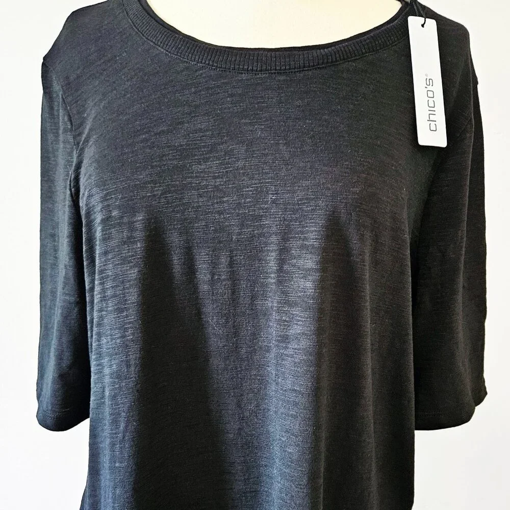 Chicos Slub Elbow-Sleeve Tee Black New With Tags Size Large - Picture 2 of 8